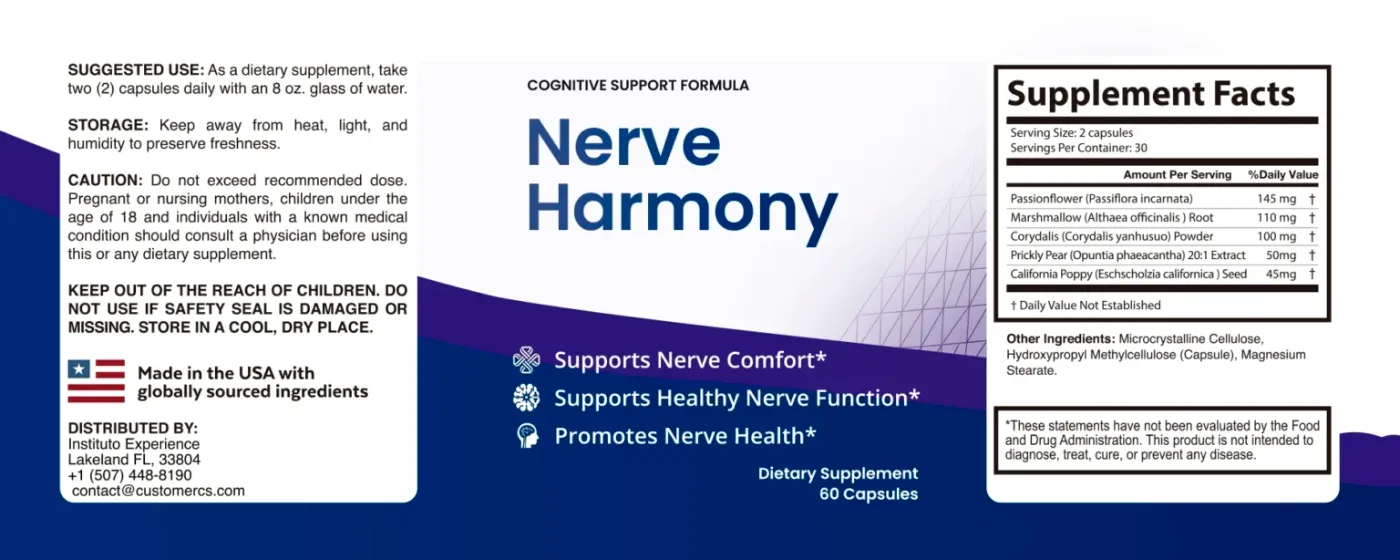 NerveHarmony Supplement Facts label with directions and warnings
